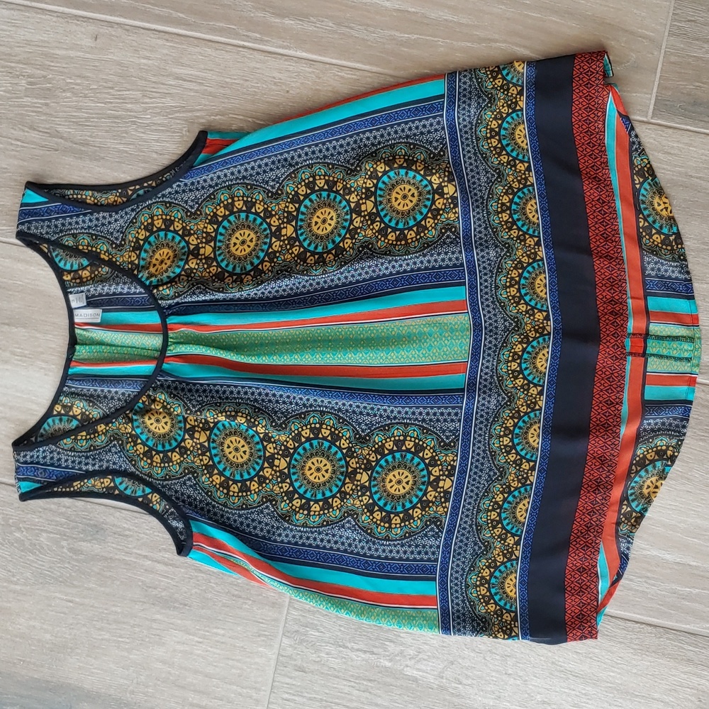 EUC Madison Sz. S Sleeveless Top, Multi-Color/Black/Teal/Coral/Royal Blue/White
